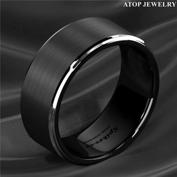 Men's Wedding Band - Black Brushed Silver Stripe Ring for Men - Wedding Rings - Picture 5 of 5